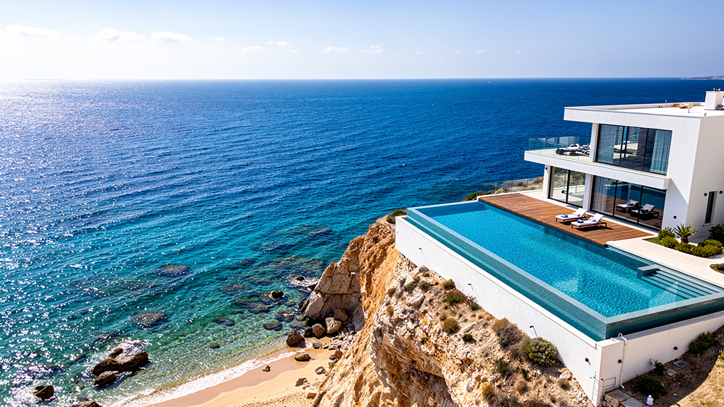 Прекрасное побережье Кипра с современной виллой с видом на Средиземное море