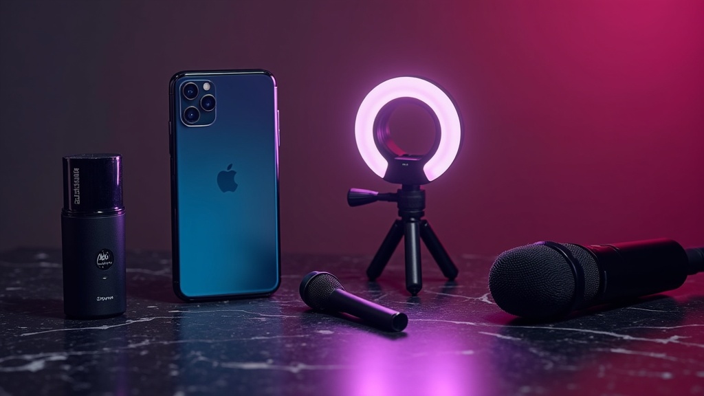 Content creator equipment including camera, ring light, and smartphone