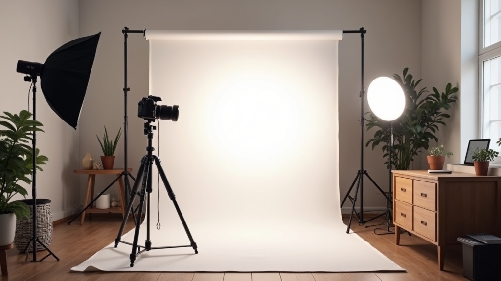 Professional home studio setup with ring light and clean background