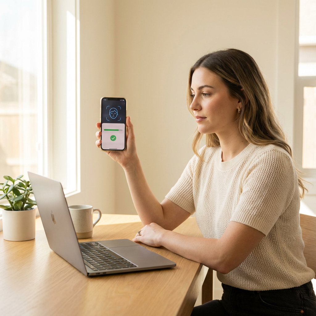 Молодая женщина проходит верификацию личности на смартфоне для аккаунта OnlyFans